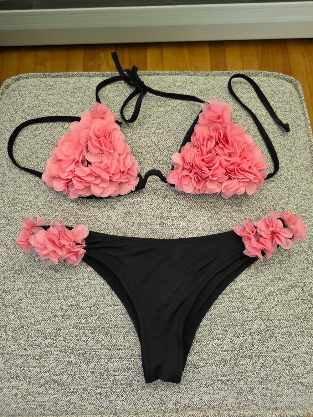 Black Bikini Set with Pink Chiffon Flowers